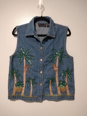 Life Style Denim Top Monkey Palm Tree Sequined